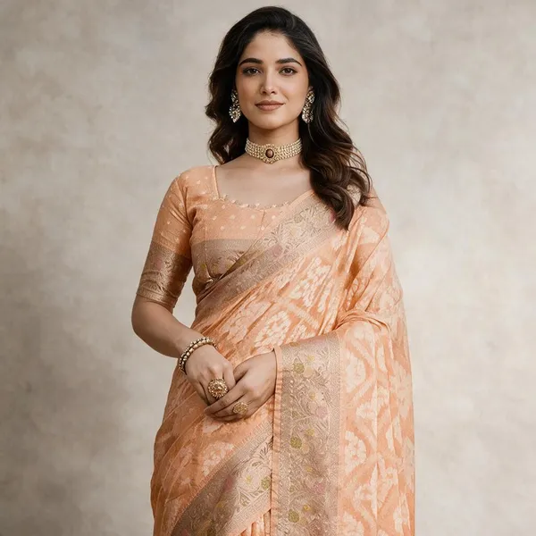 Peach_Woven_Floral_Saree_For_Women
