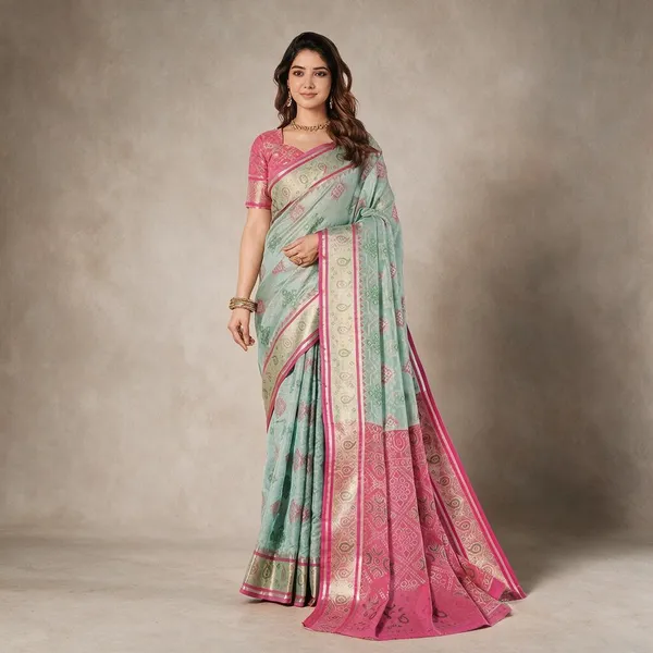 Mint_Green_And_Pink_Printed_Saree_For_Women