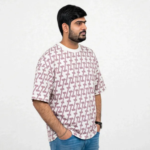 White_Geometric_Print_Crew_Neck_Oversized_T_Shirt_For_Men