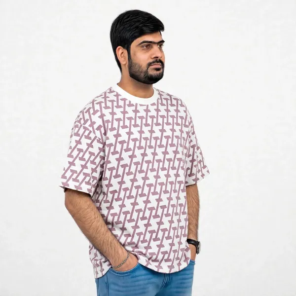 White_Geometric_Print_Crew_Neck_Oversized_T_Shirt_For_Men