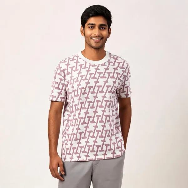 White_Geometric_Print_Crew_Neck_T_Shirt_For_Men