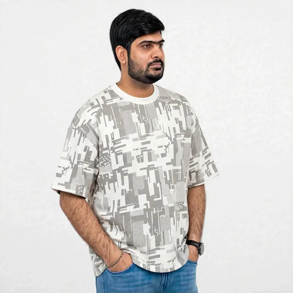White_Abstract_Print_Crew_Neck_Oversized_T_Shirt_For_Men
