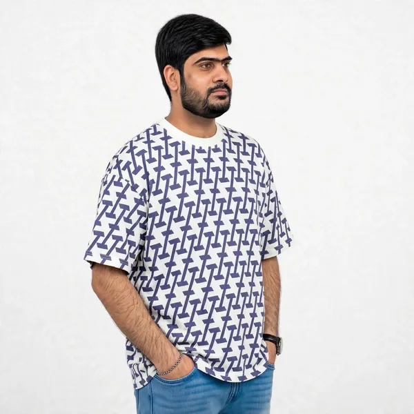 White_Geometric_Print_Oversized_T_Shirt_For_Men