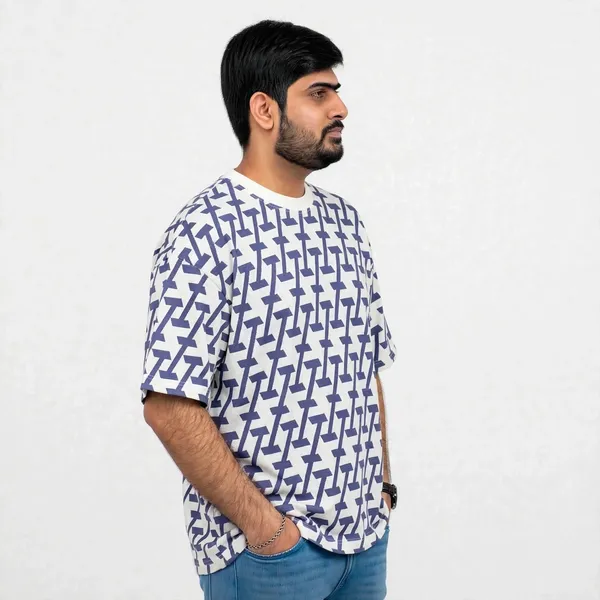 White_Geometric_Print_Oversized_T_Shirt_For_Men