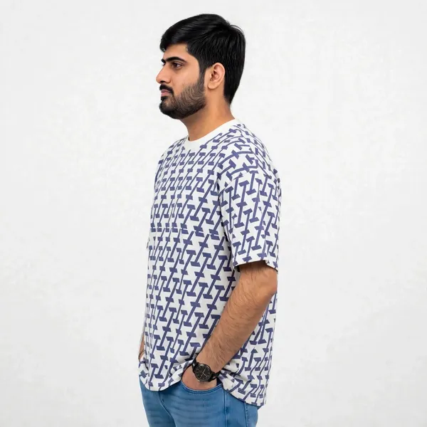 White_Geometric_Print_Oversized_T_Shirt_For_Men