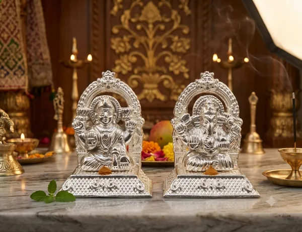 Silver_Coated_Metal_Lakshmi_Ganesha_Idol_Pair_3.5"