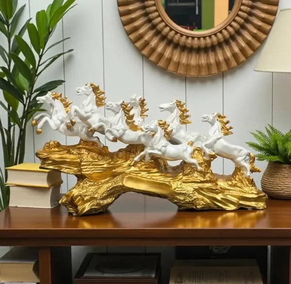 White_And_Gold_Galloping_Horses_Decorative_Sculpture