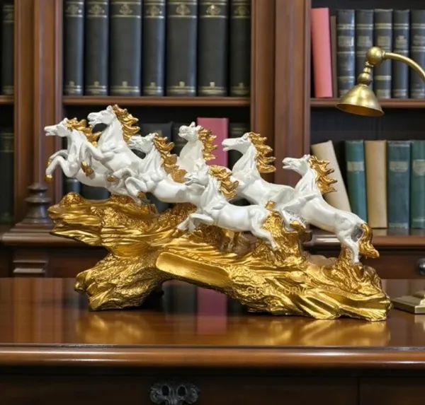 White_And_Gold_Galloping_Horses_Decorative_Sculpture