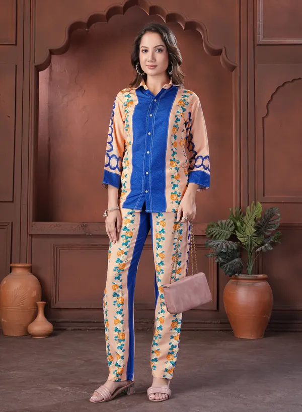 Peach_Floral_Print_Shirt_And_Pants_Co-Ord_Set_For_Women