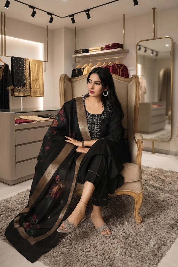Black_Embroidered_Kurta_Set_For_Women