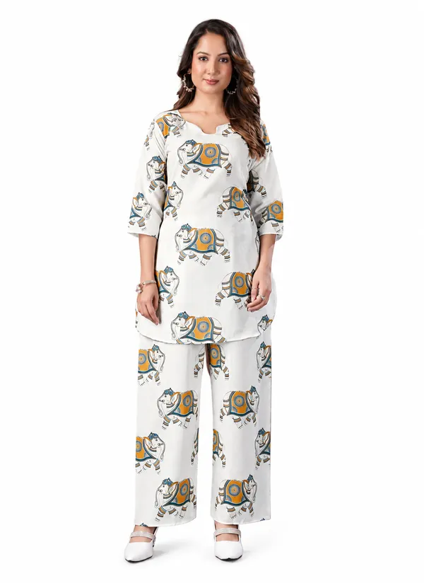 White_Printed_Kurta_Pant_Set_For_Women