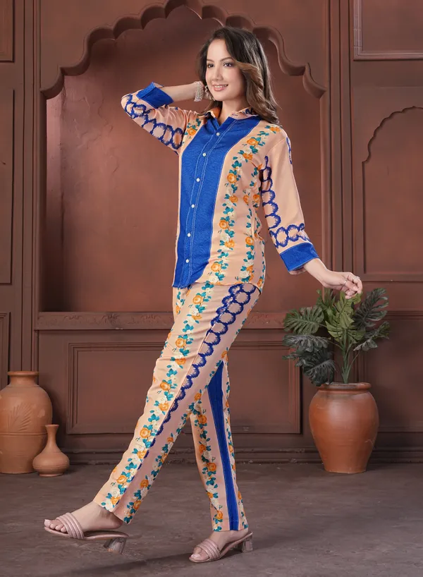 Peach_Floral_Print_Shirt_And_Pants_Co-Ord_Set_For_Women