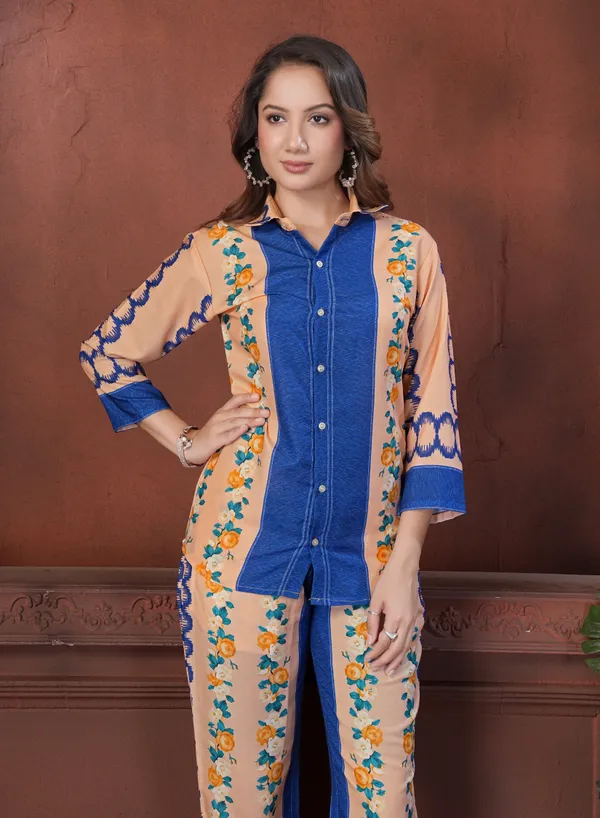 Peach_Floral_Print_Shirt_And_Pants_Co-Ord_Set_For_Women