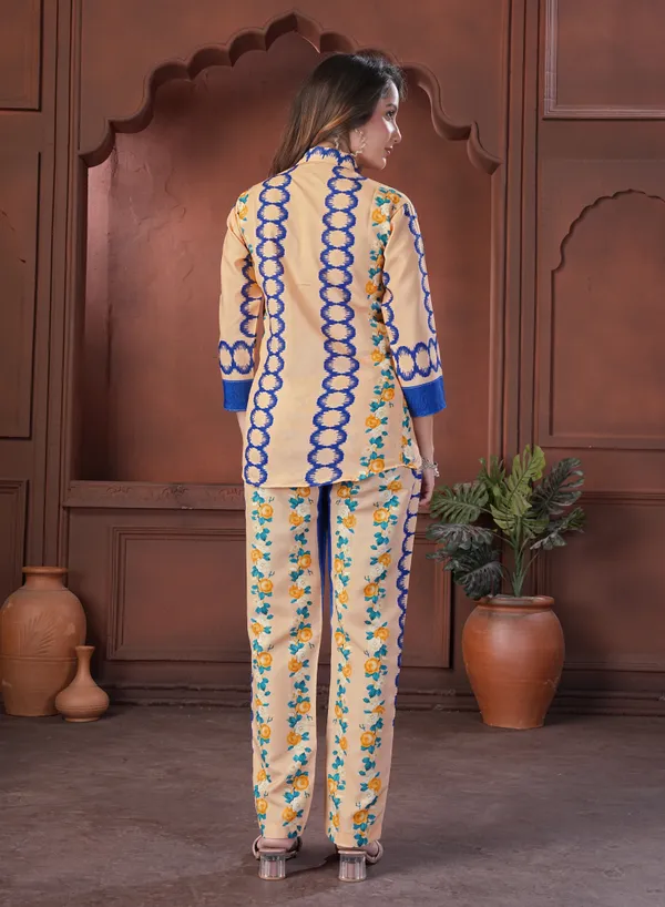 Peach_Floral_Print_Shirt_And_Pants_Co-Ord_Set_For_Women