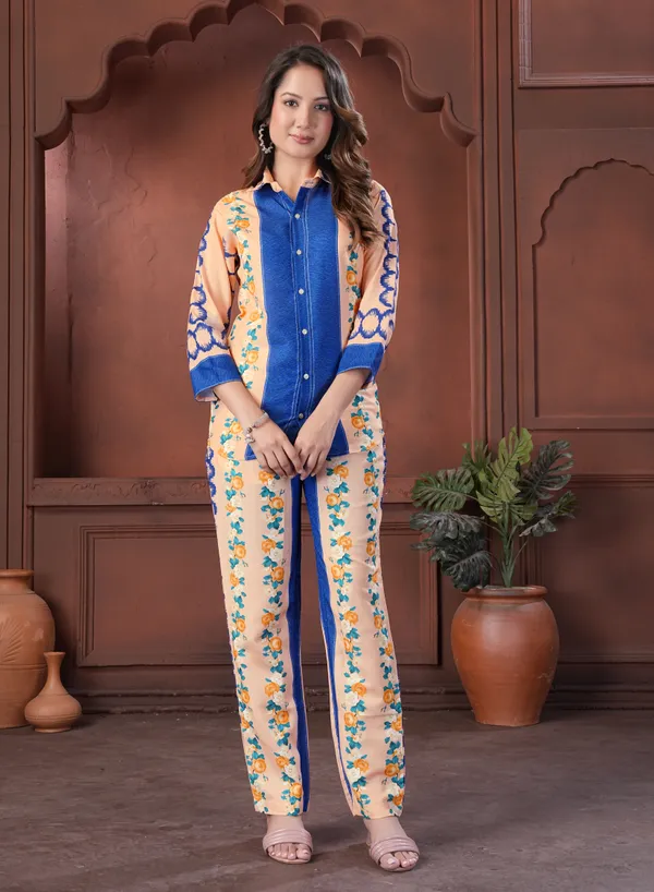 Peach_Floral_Print_Shirt_And_Pants_Co-Ord_Set_For_Women