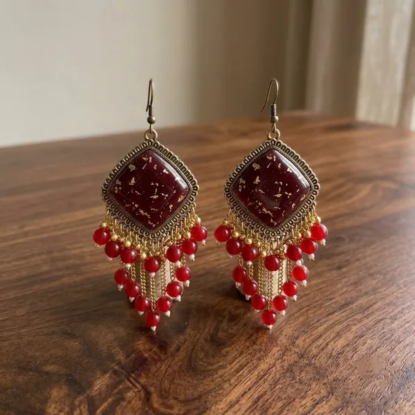Rose_Jhumka_Earrings_With_Gold_Flakes_Maroon_Pearls_Handmade_Statement_Earrings_Jeveleir
