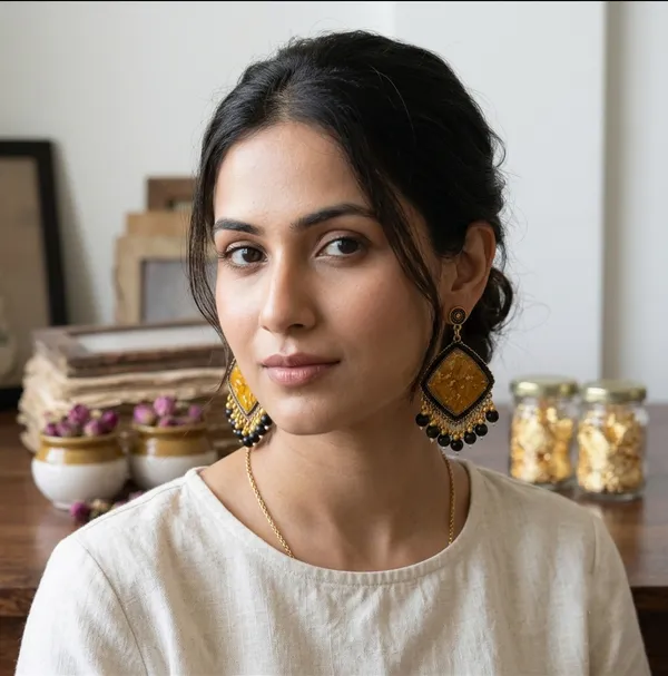 Sunflower_Golden_Jhumka_With_Black_Beads