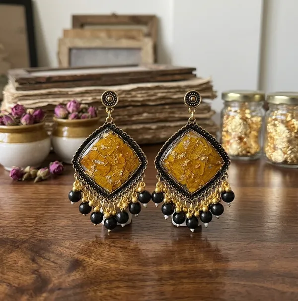 Sunflower_Golden_Jhumka_With_Black_Beads
