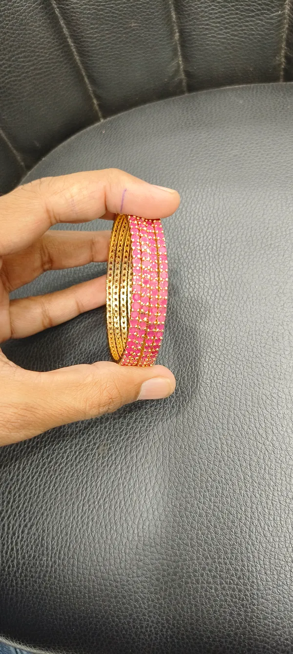 Pink_And_Gold-Tone_Stone_Studded_Bangle_Set_For_Women
