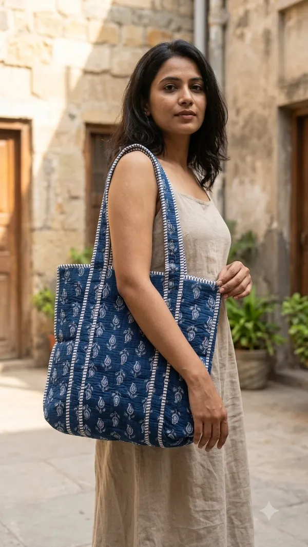 Handblock_Printed_Quilted_Tote_Bag_With_Zip_Button_17x18x_6_Inches