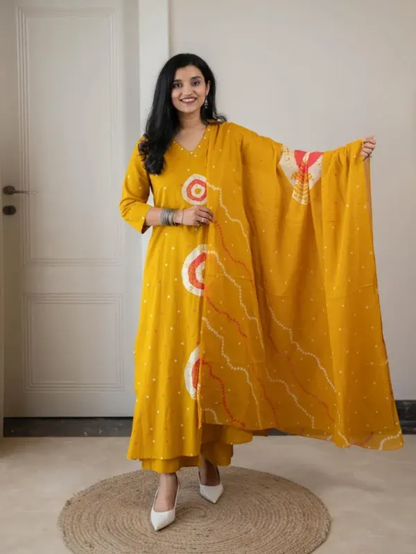 Mustard_Cotton_Bandhani_Print_Kurta_Set_With_Dupatta_For_Women