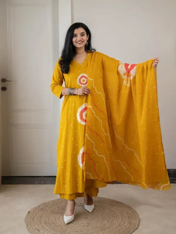 Mustard_Cotton_Bandhani_Print_Kurta_Set_With_Dupatta_For_Women