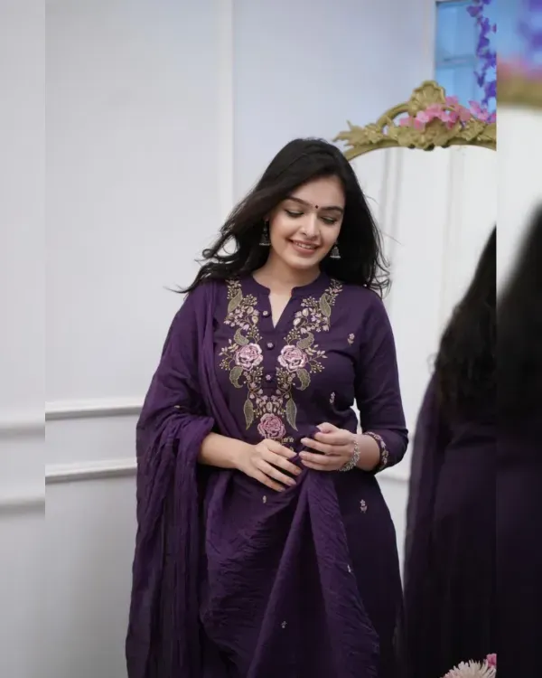 Purple_Cotton_Floral_Embroidered_Straight_Kurta_Trouser_Dupatta_Set_For_Women