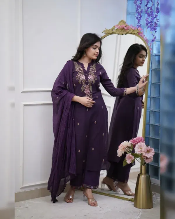 Purple_Cotton_Floral_Embroidered_Straight_Kurta_Trouser_Dupatta_Set_For_Women