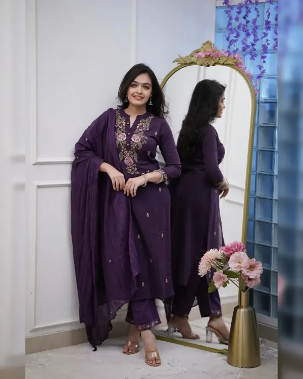 Purple_Cotton_Floral_Embroidered_Straight_Kurta_Trouser_Dupatta_Set_For_Women