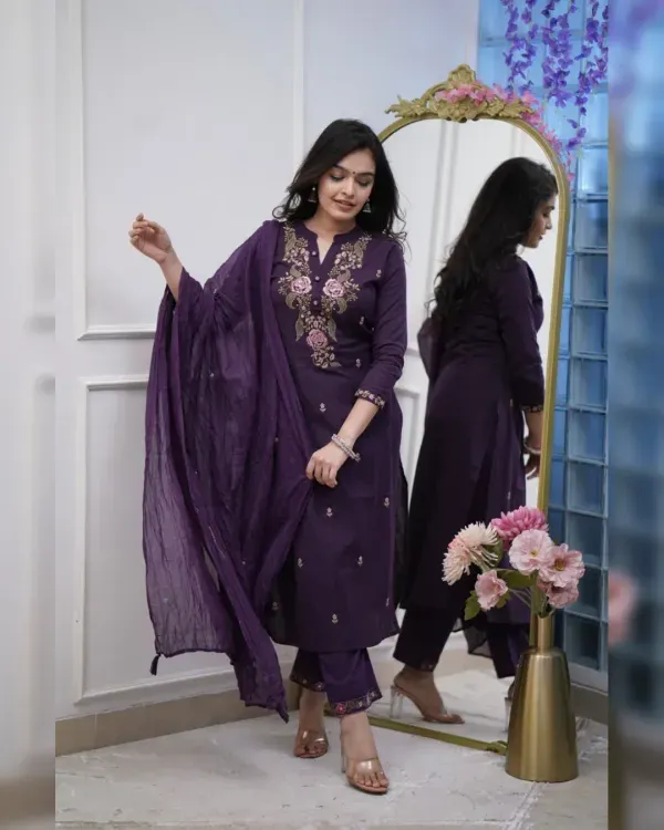 Purple_Cotton_Floral_Embroidered_Straight_Kurta_Trouser_Dupatta_Set_For_Women