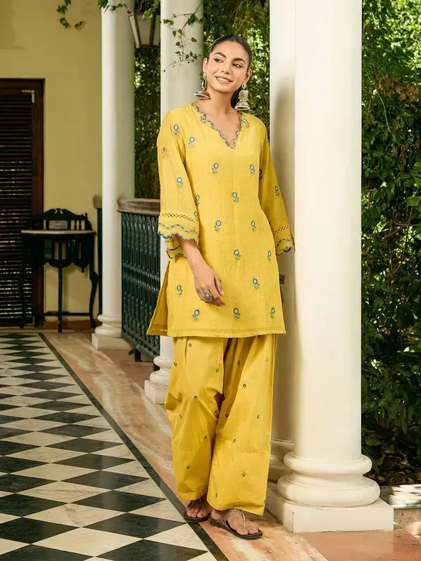 Yellow_Chanderi_Embroidered_Kurta_Farshi_Salwar_Set_For_Women