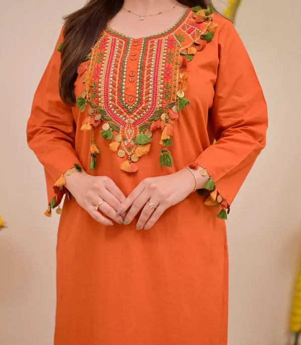 Orange_Threadwork_Tasseled_Cotton_Kurta_Set