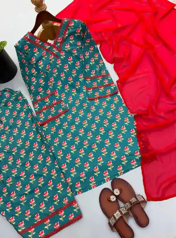 Green_Cotton_Fancy_Sleeve_Farshi_Pant_Kurta_Set_For_Women