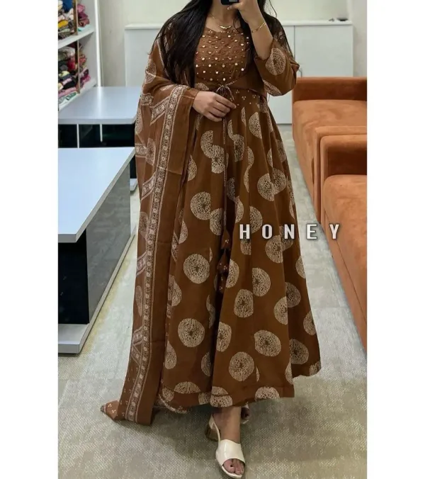Brown_Cotton_Mirror_Work_Anarkali_Kurti_Pant_Set_With_Dupatta_For_Women