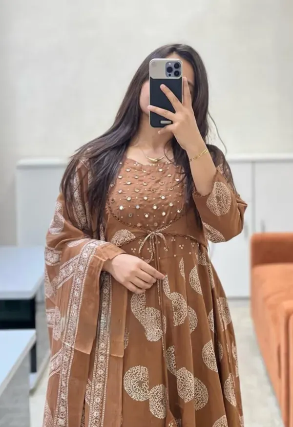 Brown_Cotton_Mirror_Work_Anarkali_Kurti_Pant_Set_With_Dupatta_For_Women