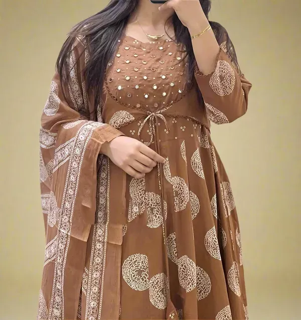 Brown_Cotton_Mirror_Work_Anarkali_Kurti_Pant_Set_With_Dupatta_For_Women