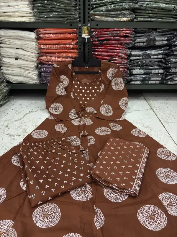 Brown_Cotton_Mirror_Work_Anarkali_Kurti_Pant_Set_With_Dupatta_For_Women