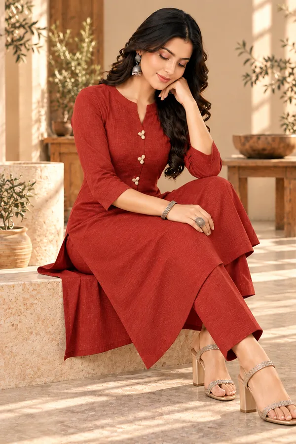 Rust_Textured_Straight_Kurta_Set_for_Women
