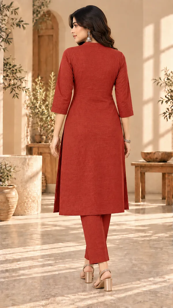 Rust_Textured_Straight_Kurta_Set_for_Women