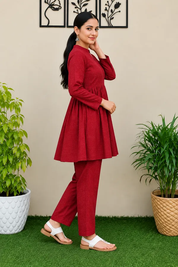 Red_Textured_Flared_Kurta_Pant_Set_for_Women