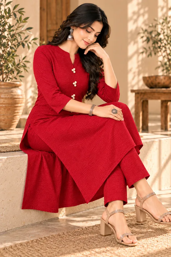 Red_Textured_Straight_Kurta_Set_for_Women