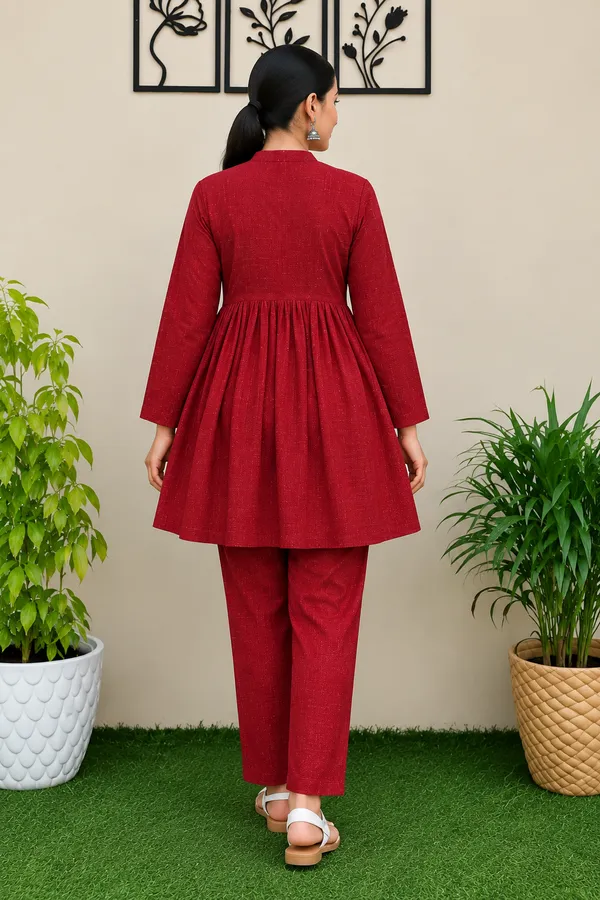 Red_Textured_Flared_Kurta_Pant_Set_for_Women