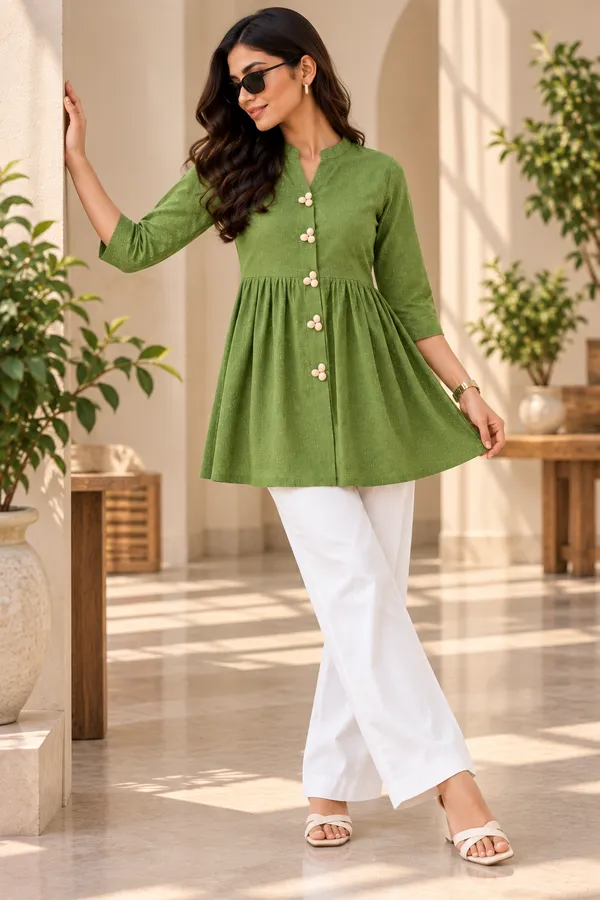 Green_Textured_Flared_Kurti_For_Women