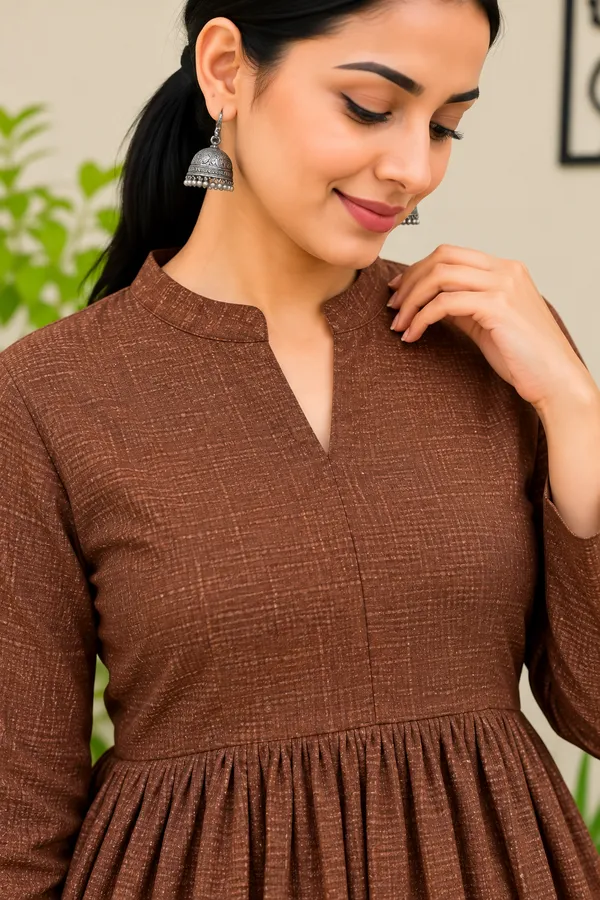 Brown_Textured_Flared_Kurta_Pant_Set_for_Women