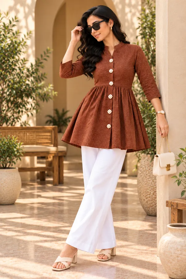 Brown_Textured_Fit_And_Flare_Kurti_Pant_Set_for_Women
