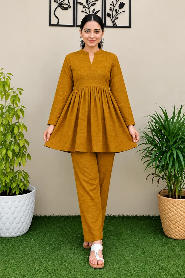 Mustard_Textured_Flared_Kurta_Pant_Set_for_Women