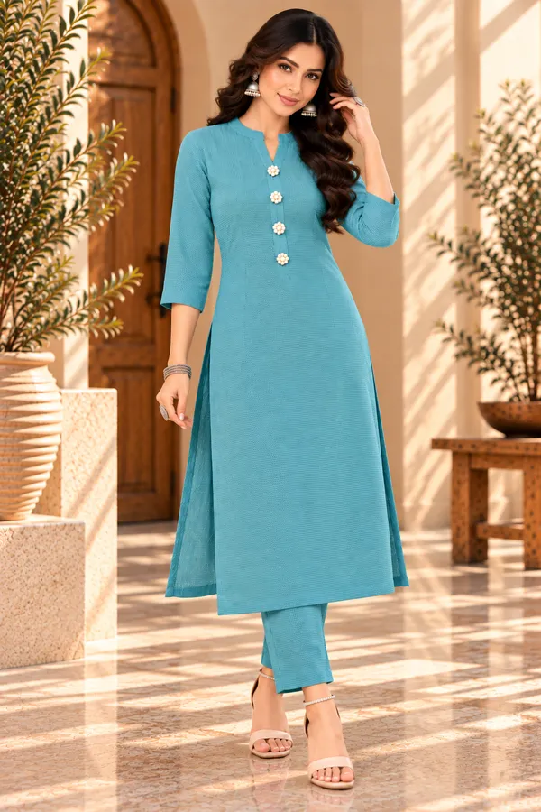 Teal_Textured_Straight_Kurta_Pant_Set_for_Women