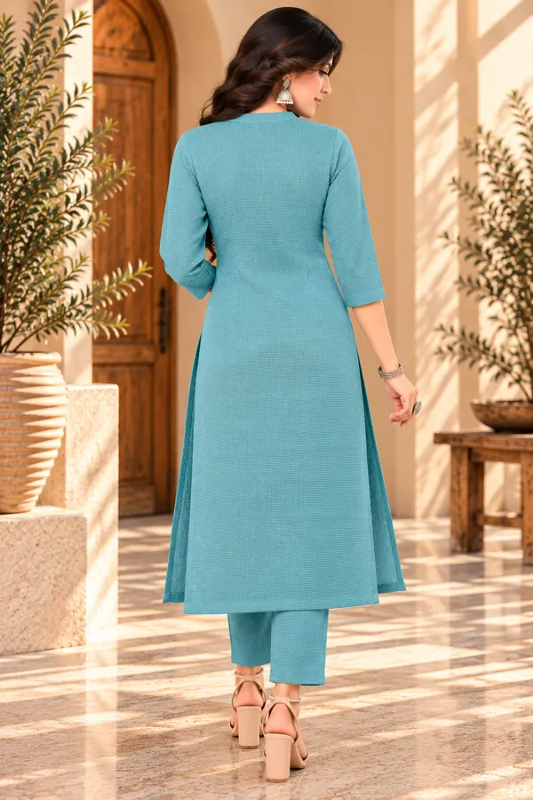Teal_Textured_Straight_Kurta_Pant_Set_for_Women