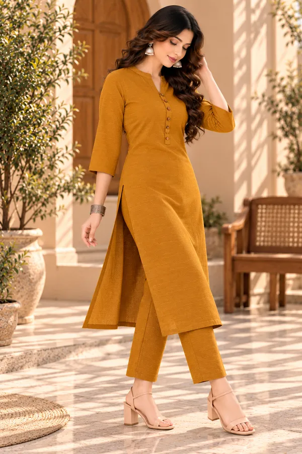 Mustard_Textured_Straight_Kurta_Set_For_Women