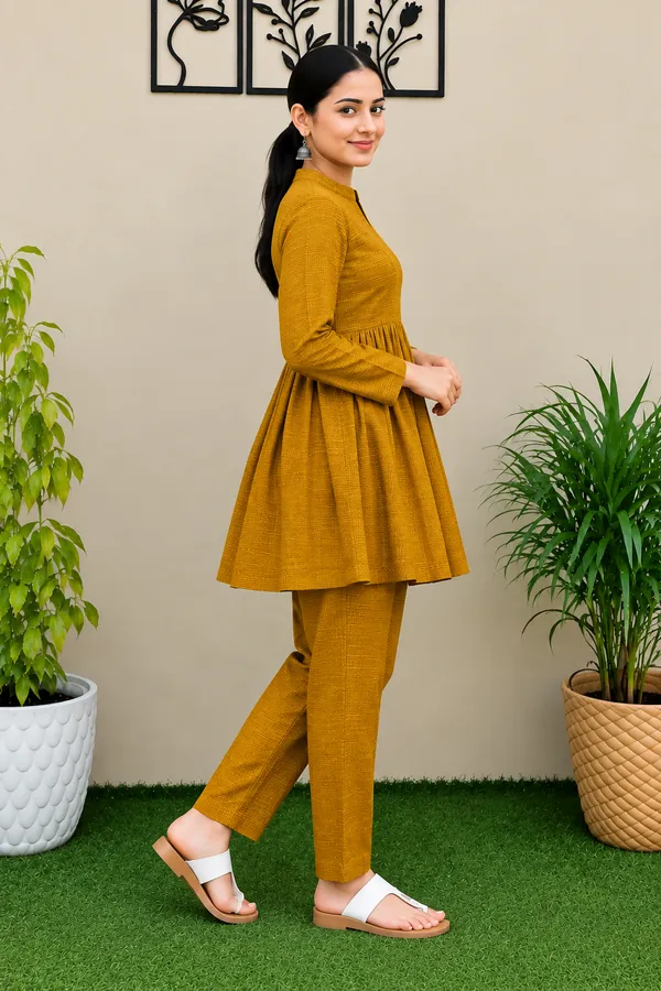 Mustard_Textured_Flared_Kurta_Pant_Set_for_Women